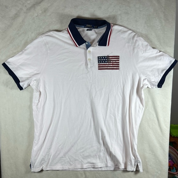 Polo Ralph Lauren XL White and Blue Polo Shirt American Flag UsA 4th of July - Picture 1 of 9